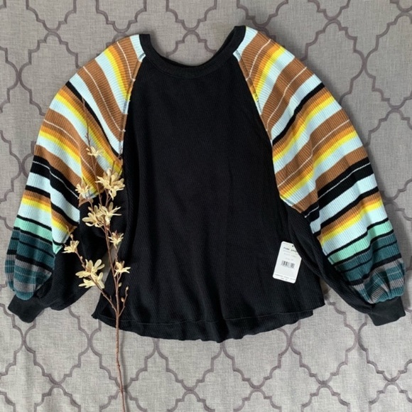 🌈NWT🌈 FP Black Rainbow Stripe Balloon Sleeve Top - Picture 8 of 15